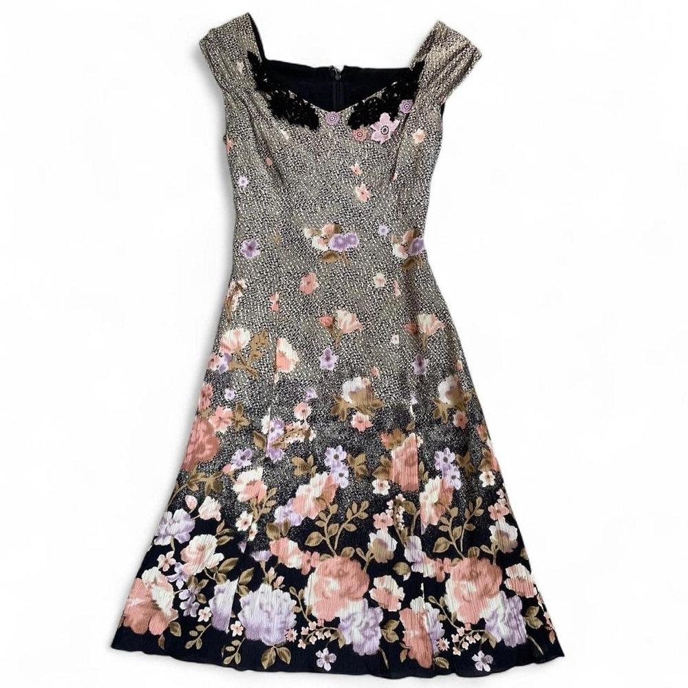 Vintage Silk Floral Midi Dress with Appliqué Detailing